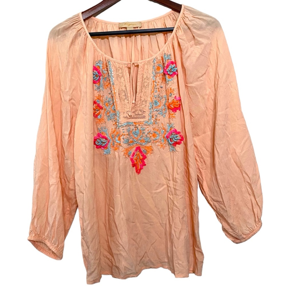 Kyra Beaded Embroidered Boho Peach Blouse Size Large
